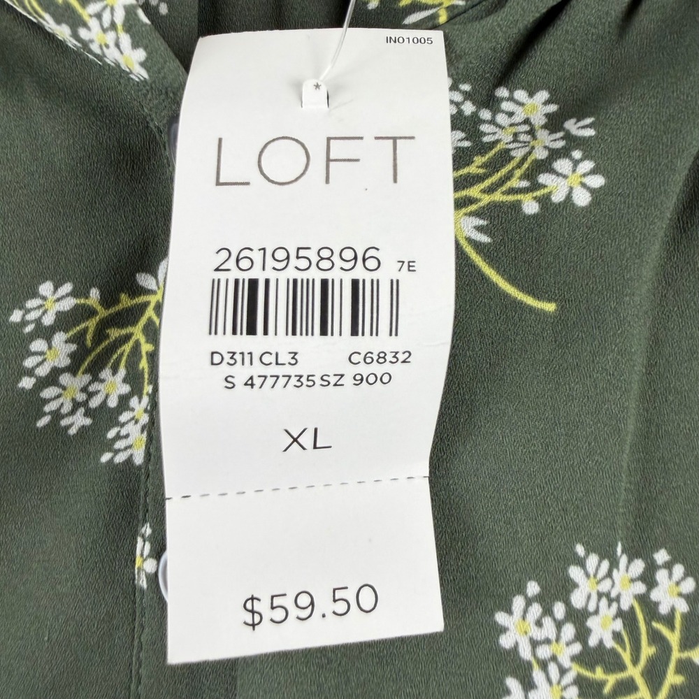 LOFT Blouse XL Green Floral Smocked Ruffle Neck Long Sleeve NEW - Picture 4 of 15